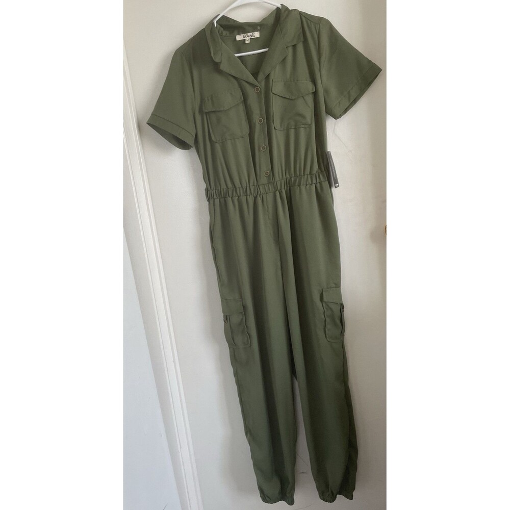 Hint of Blush Green Button Front Collared Jumpsuit M Elastic Waist Pockets